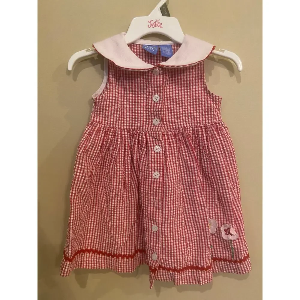 Baby Crew Size‎ 18 Month Seersucker Flower Embroidered Red Plaid Cotton
